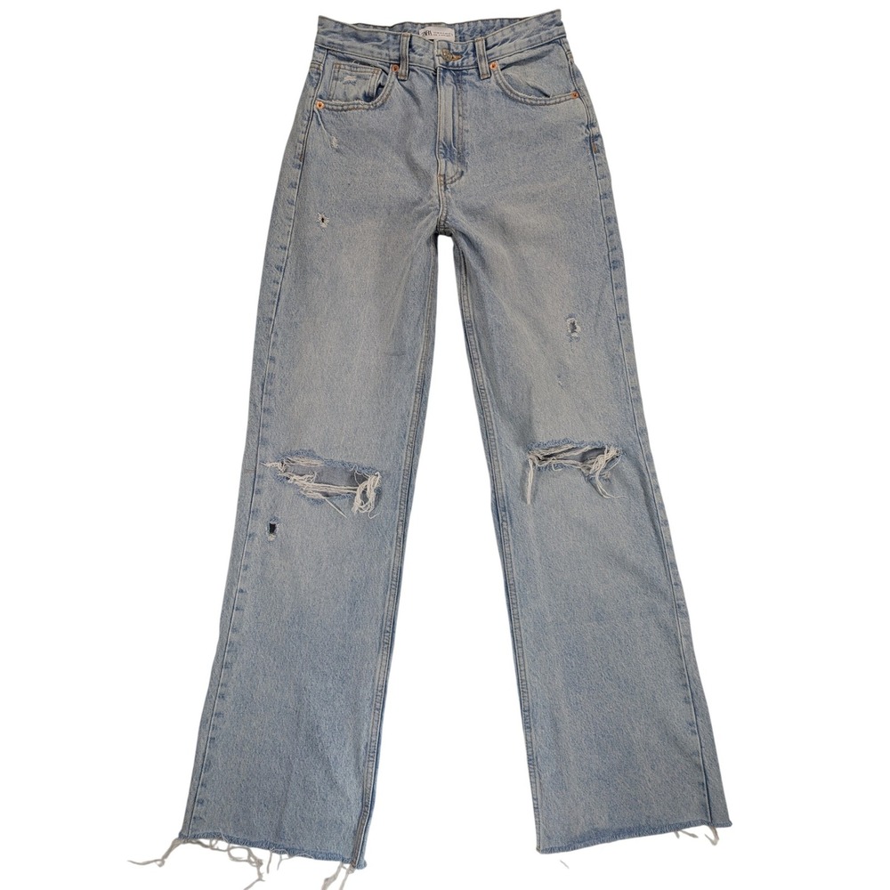 ZARA Wide Leg Jeans Womens 6 100% Cotton Distressed Denim 90's Grunge y2k Preppy - Picture 2 of 12